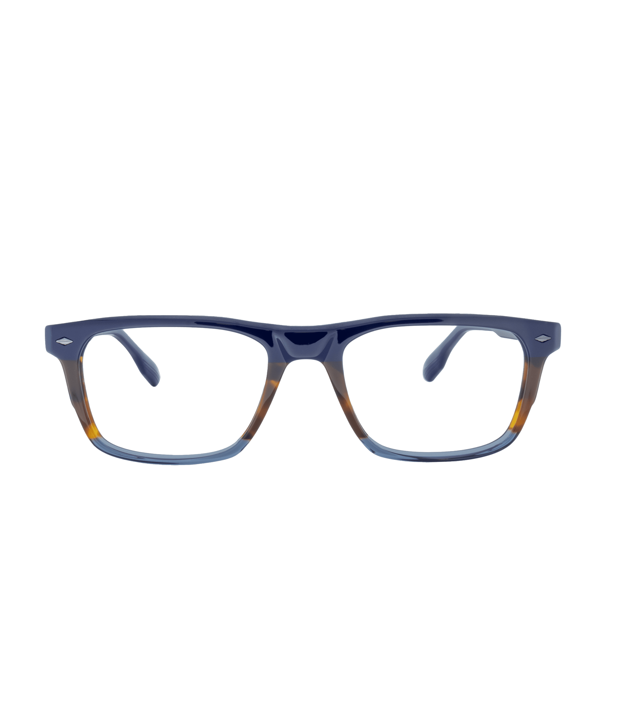 Rectangular eyeglasses with dark blue frames and brown accents on the bottom outer corners, from La lunetterie VU à Montréal, shown against a plain white background.