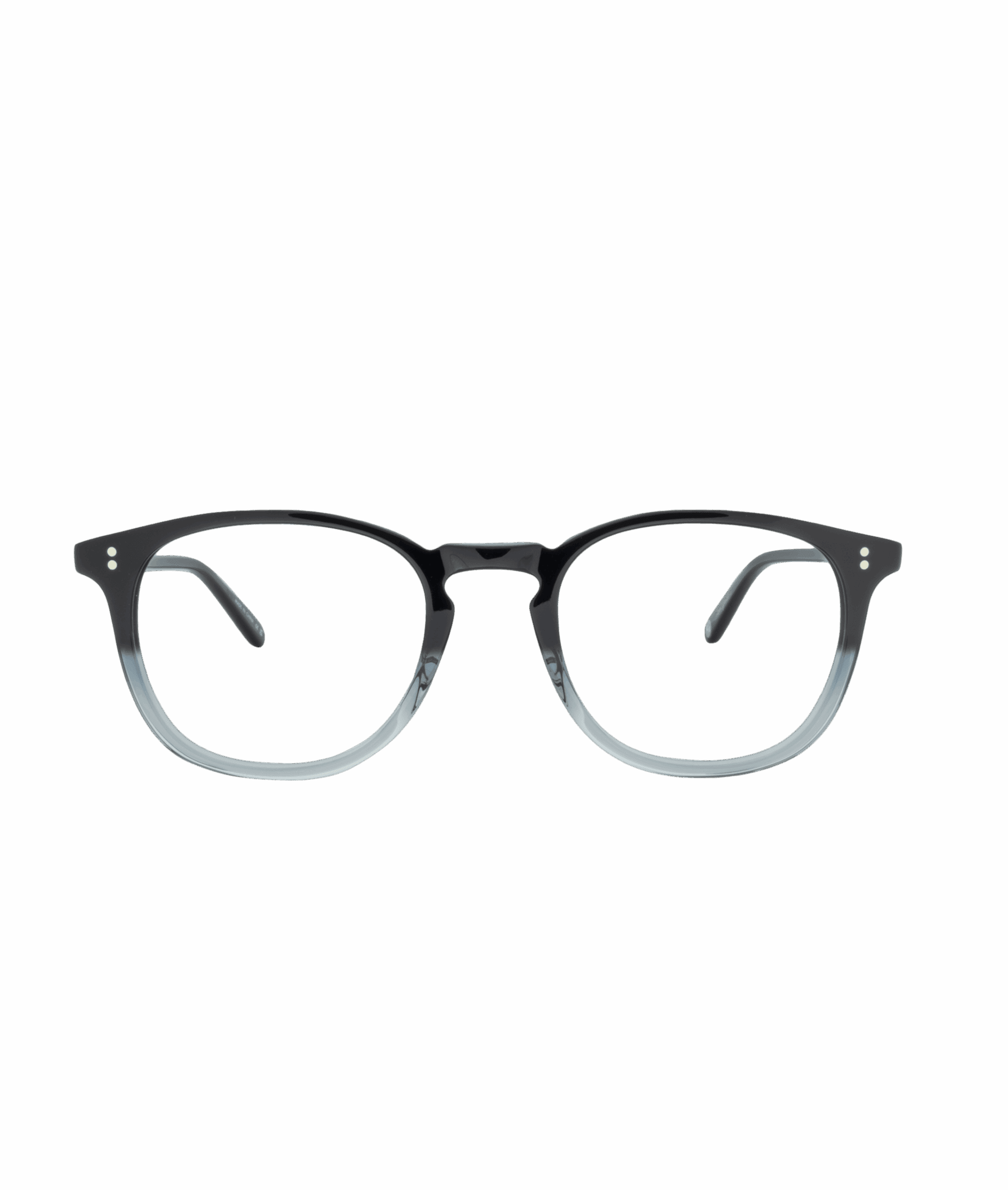 A pair of eyeglasses from La lunetterie VU à Montréal with round, black frames that gradually fade to a translucent gray at the bottom, displayed on a plain white background.