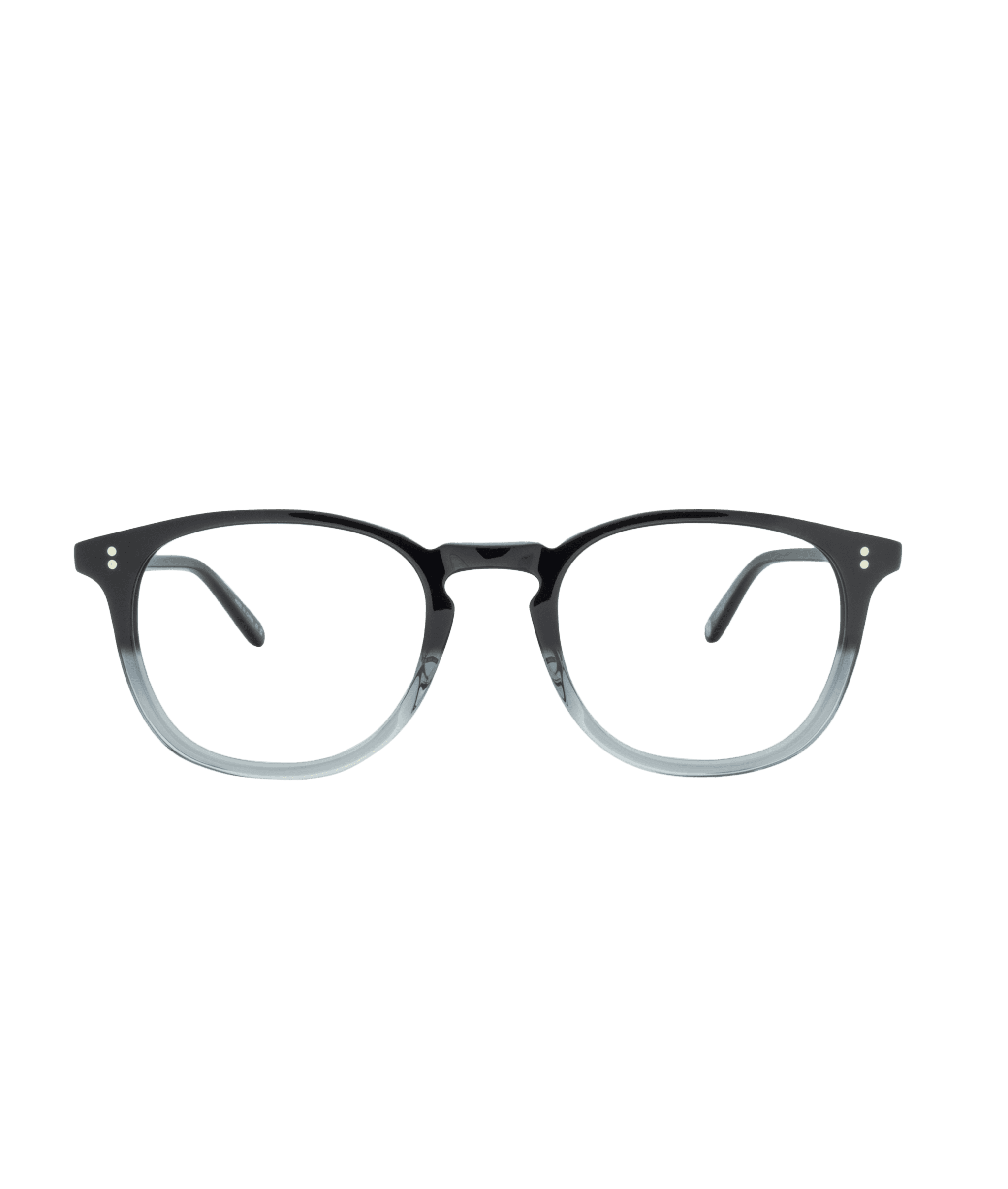 A pair of eyeglasses from La lunetterie VU à Montréal with round, black frames that gradually fade to a translucent gray at the bottom, displayed on a plain white background.