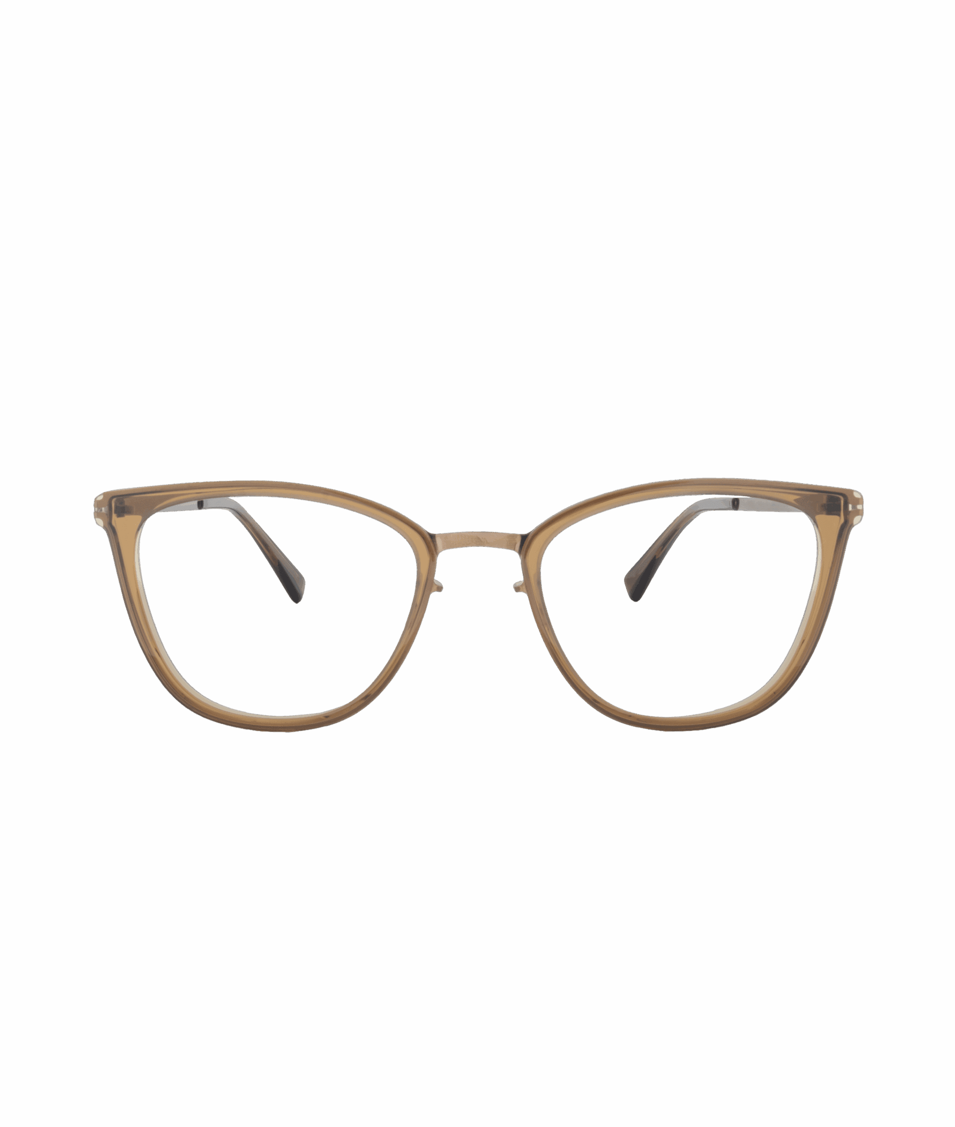 A pair of brown, cat-eye eyeglasses with clear lenses and thin arms, from La lunetterie VU à Montréal, displayed against a plain white background.
