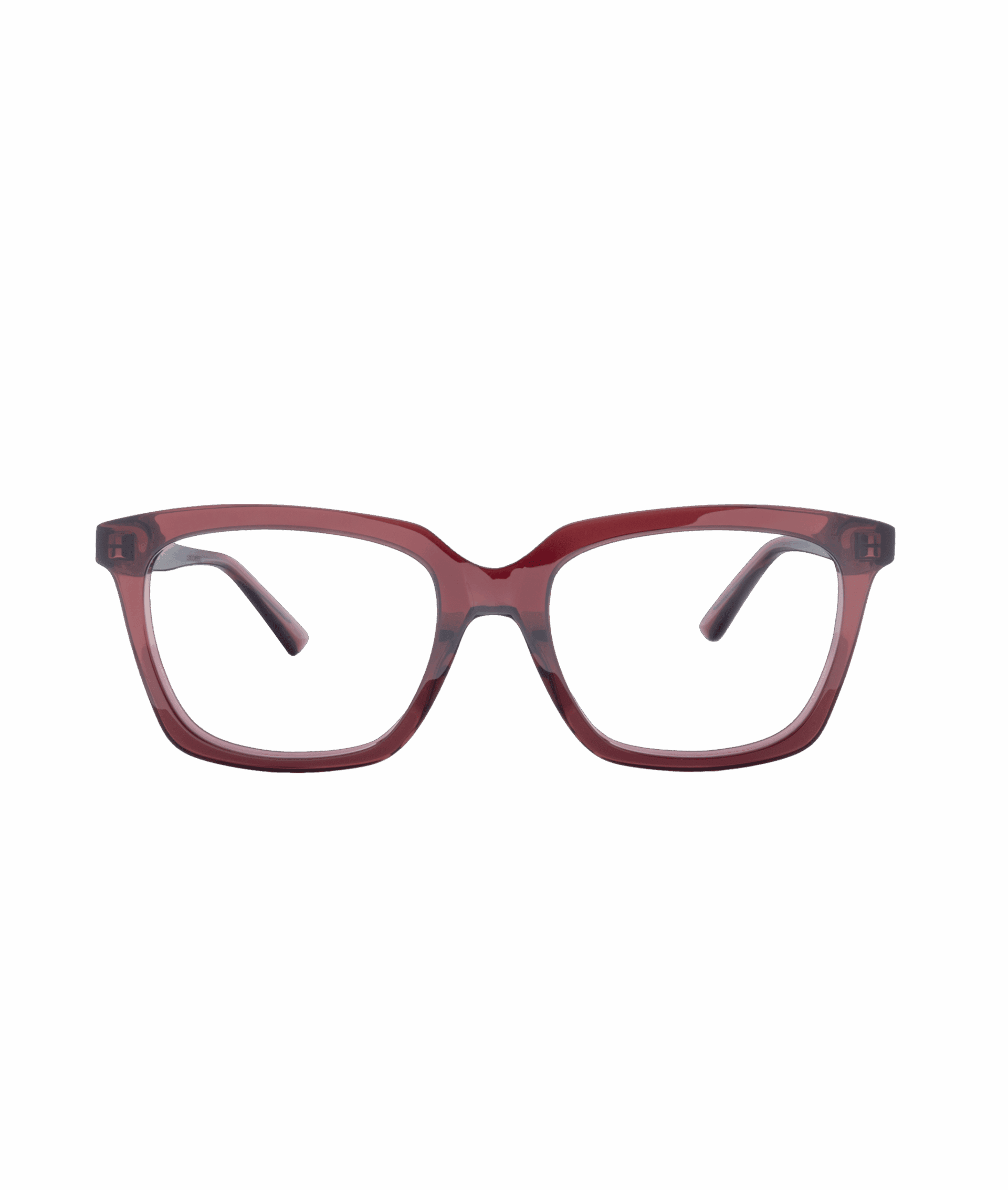A pair of rectangular eyeglasses with translucent burgundy frames from La lunetterie VU à Montréal, shown from the front against a plain white background.