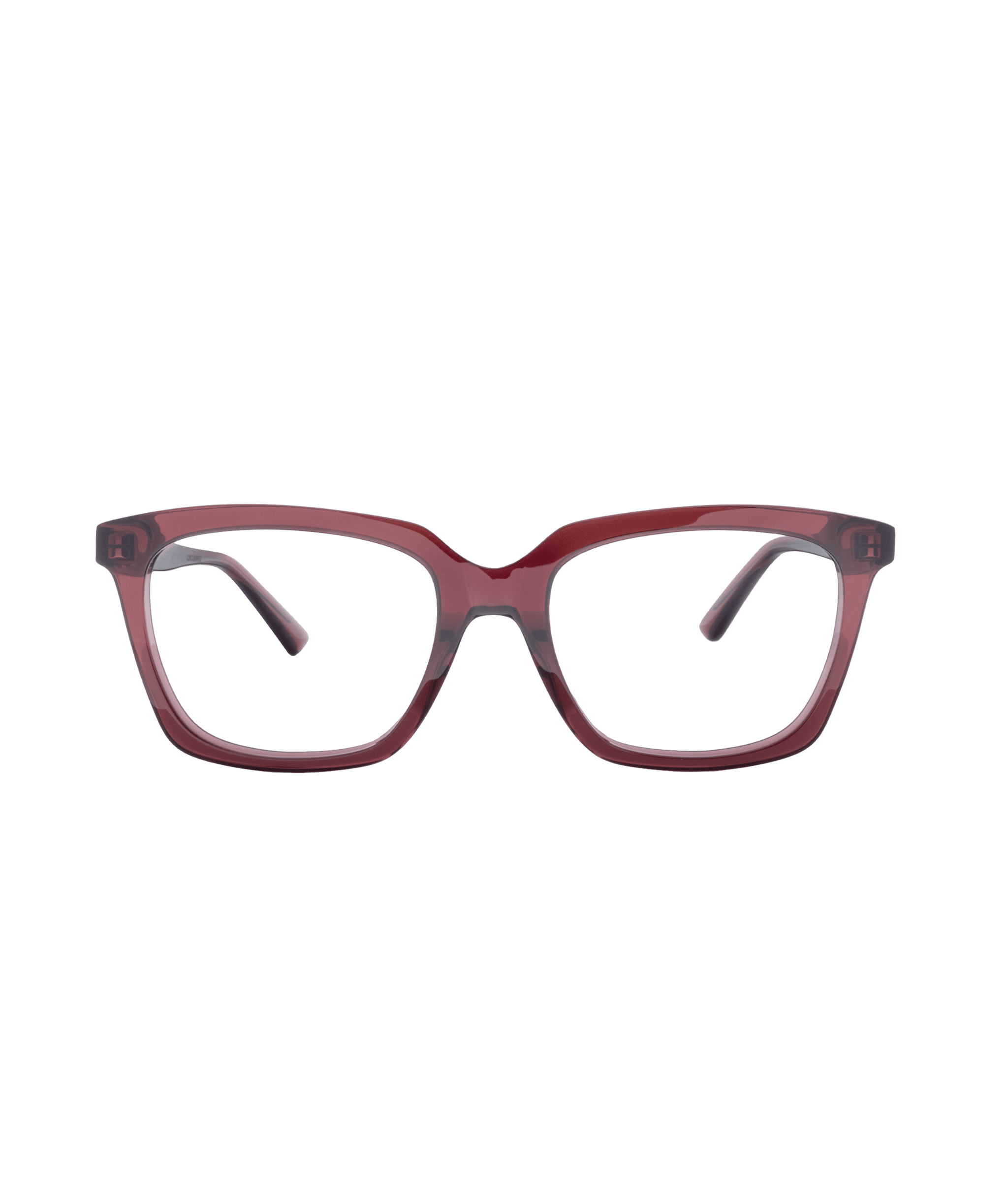 A pair of rectangular eyeglasses with translucent burgundy frames from La lunetterie VU à Montréal, shown from the front against a plain white background.