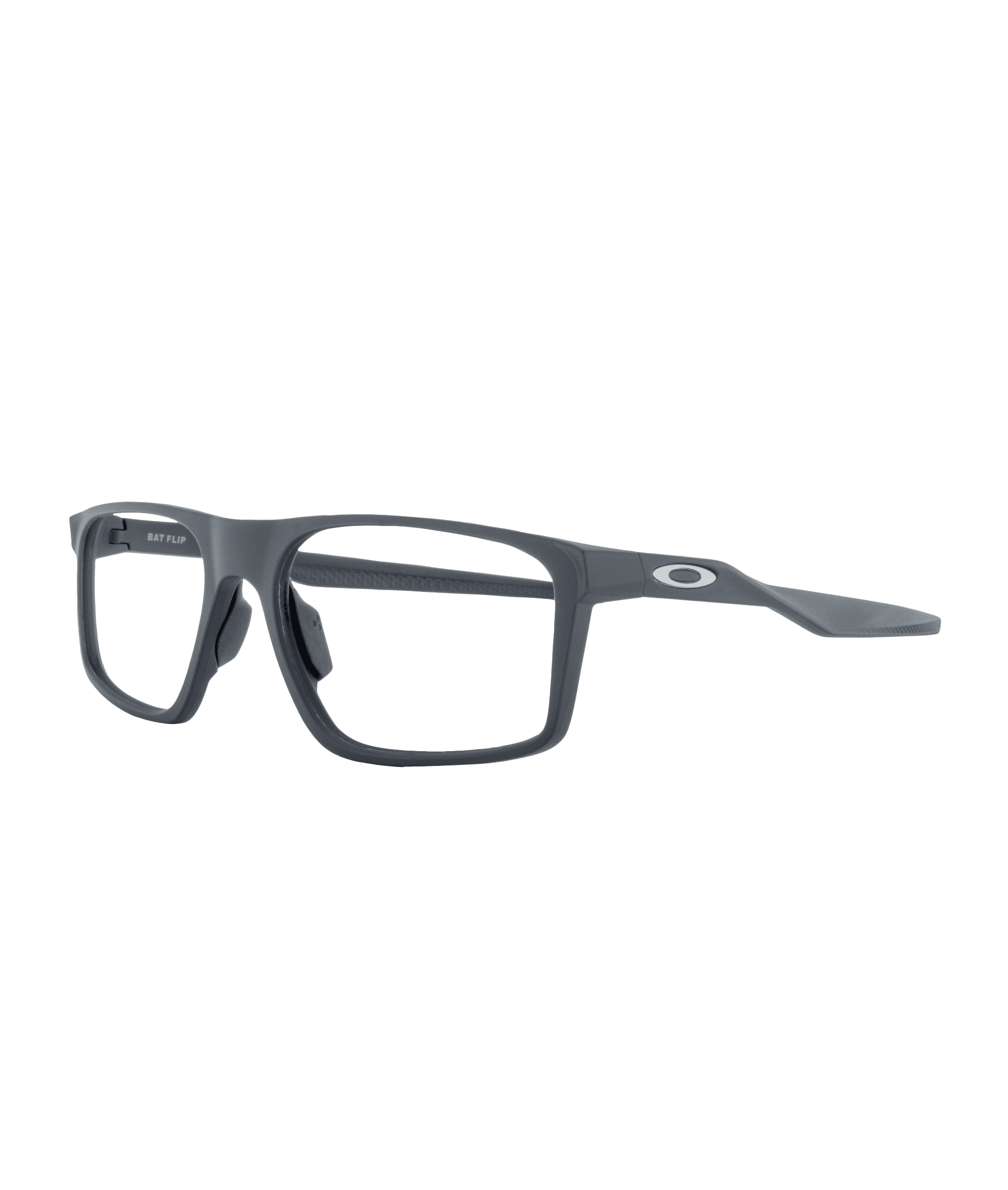 Montures de lunettes rectangulaires BATFLIP noir mat avec des lentilles transparentes et un subtil logo Oakley O sur la branche, disponibles à la lunetterie VU à Montréal. Montrée sur fond blanc.