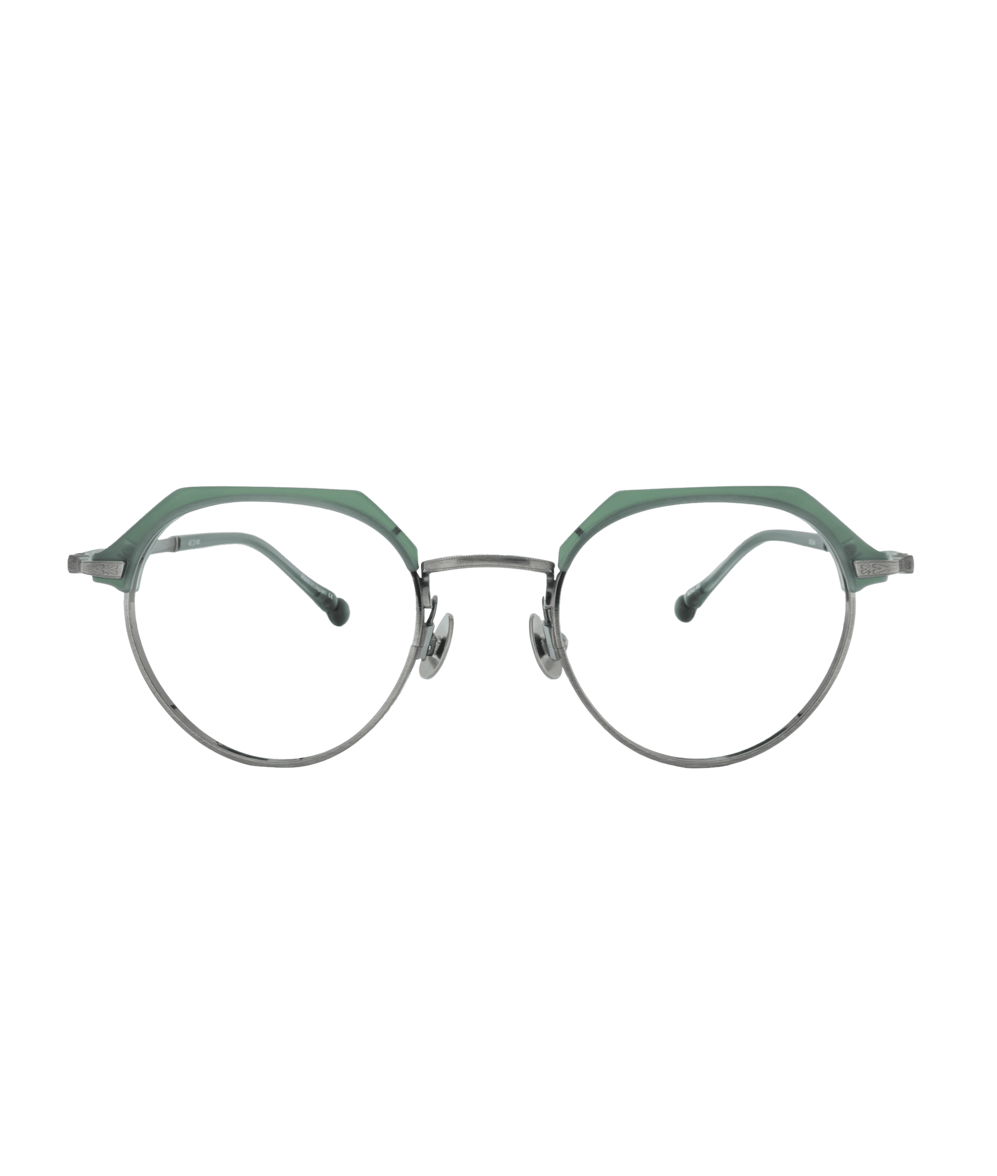 Round eyeglasses with thin metal frames and green accents along the top of the rims, featured by La lunetterie VU à Montréal and shown facing forward on a plain white background.