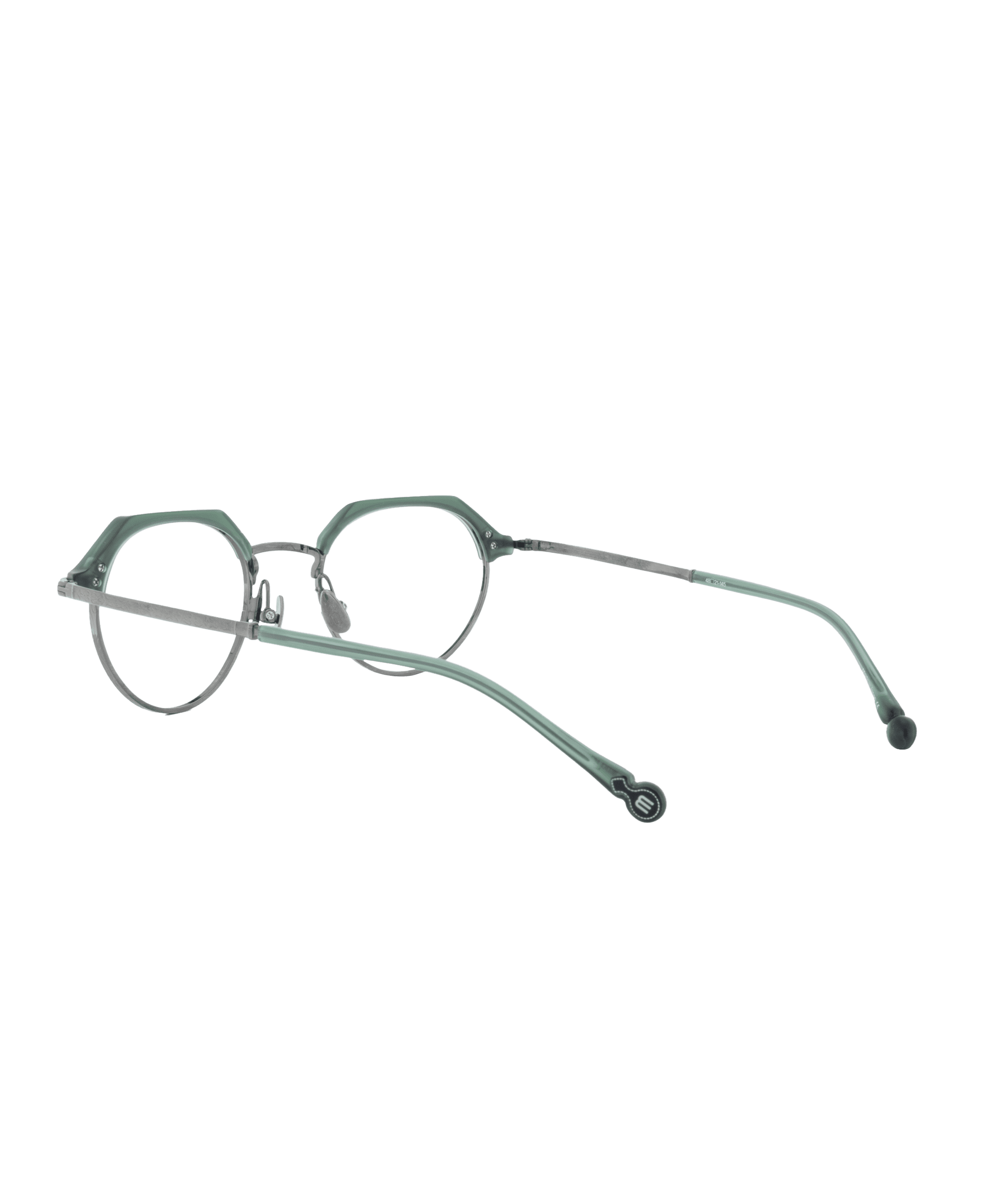 A pair of round eyeglasses with thin, green metal frames and straight temples, viewed from the back at an angle against a plain white background—a classic style from La lunetterie VU à Montréal.