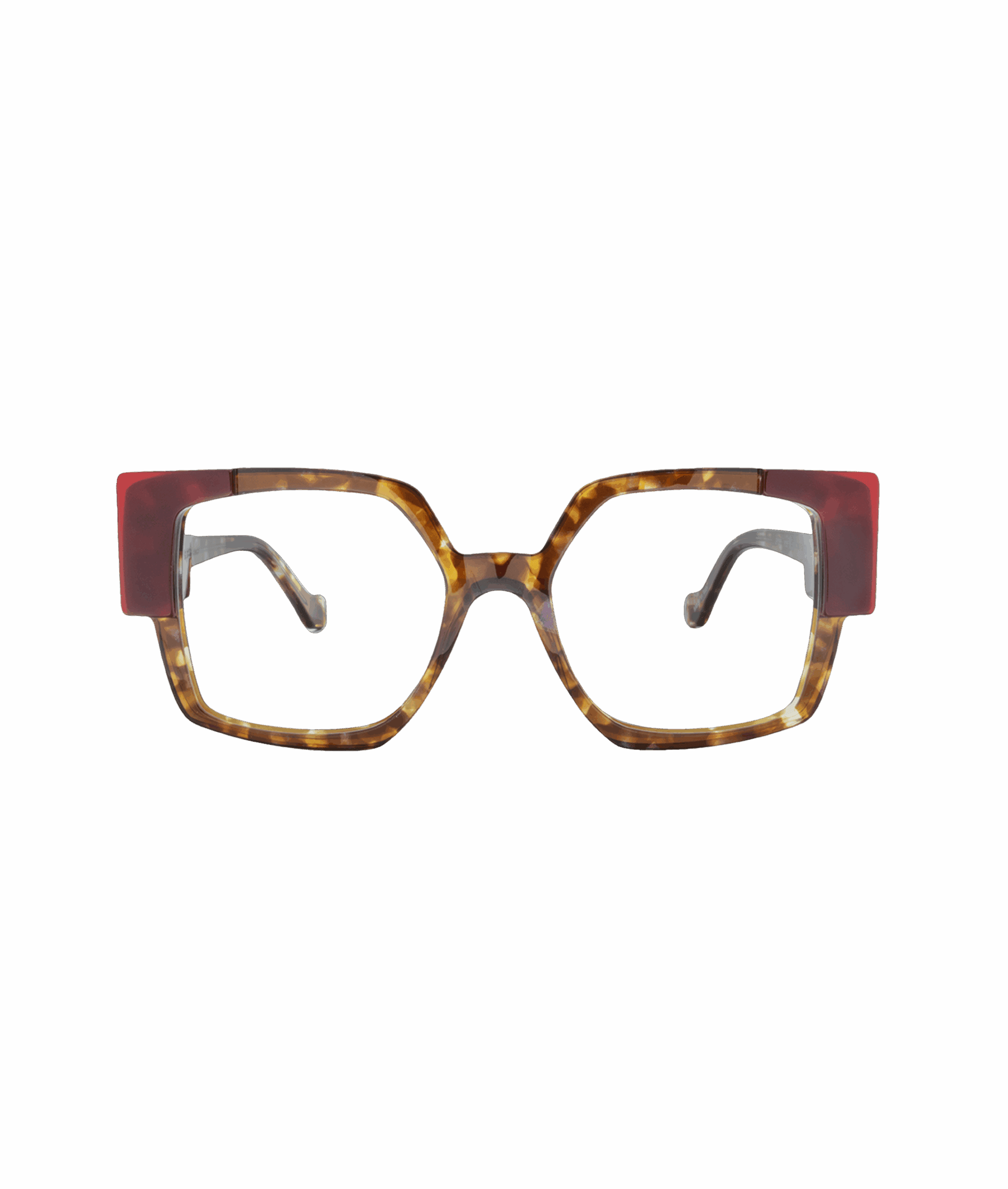 Les lunettes carrées 1565 présentent un motif d'écaille avec des accents rectangulaires rouges audacieux dans les coins supérieurs, inspirés de La lunetterie VU à Montréal. Présentées sur un fond blanc uni.
