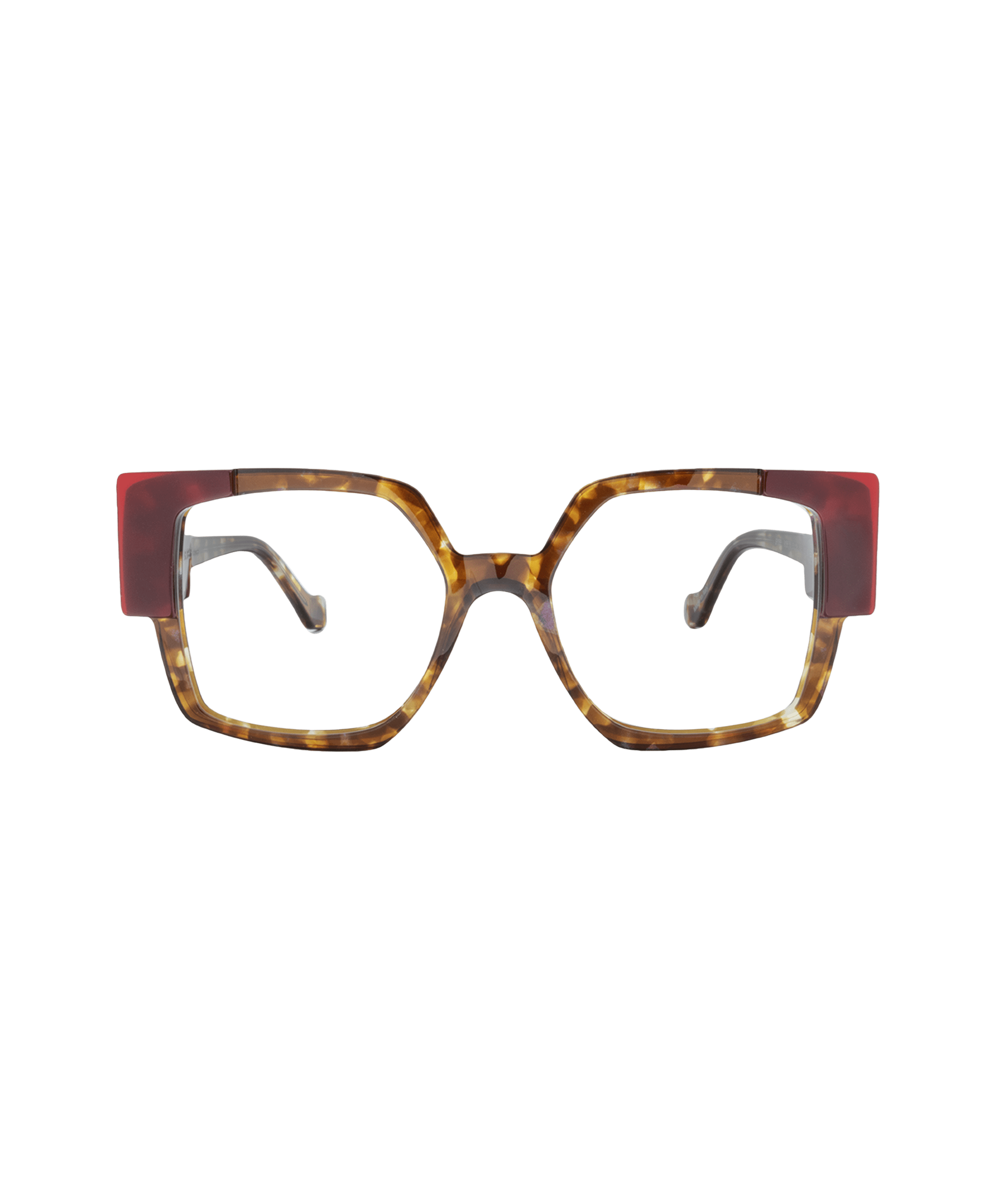 Les lunettes carrées 1565 présentent un motif d'écaille avec des accents rectangulaires rouges audacieux dans les coins supérieurs, inspirés de La lunetterie VU à Montréal. Présentées sur un fond blanc uni.