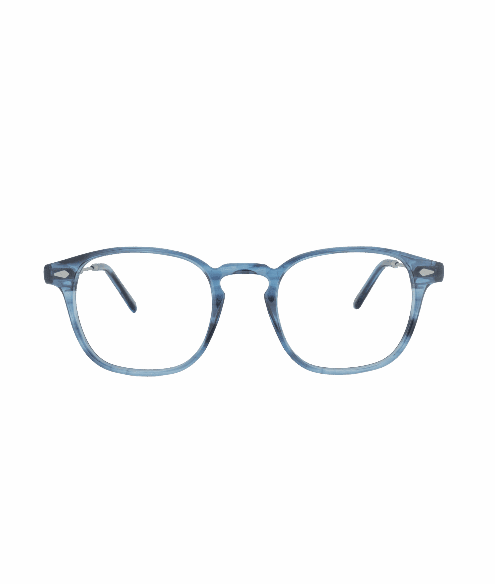 A pair of blue, translucent eyeglasses with rounded square frames and thin arms from La lunetterie VU à Montréal, displayed on a plain white background.
