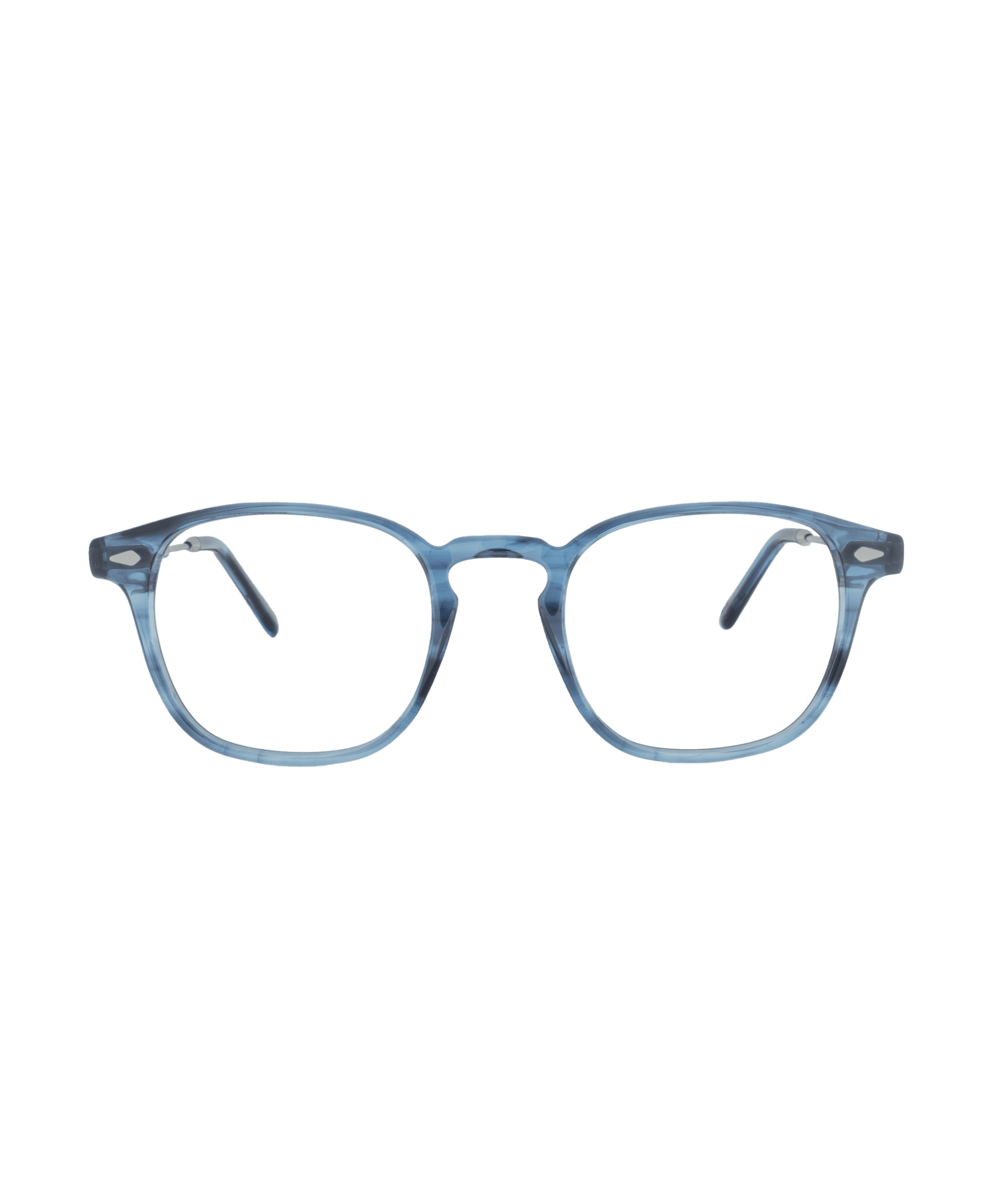 A pair of blue, translucent eyeglasses with rounded square frames and thin arms from La lunetterie VU à Montréal, displayed on a plain white background.