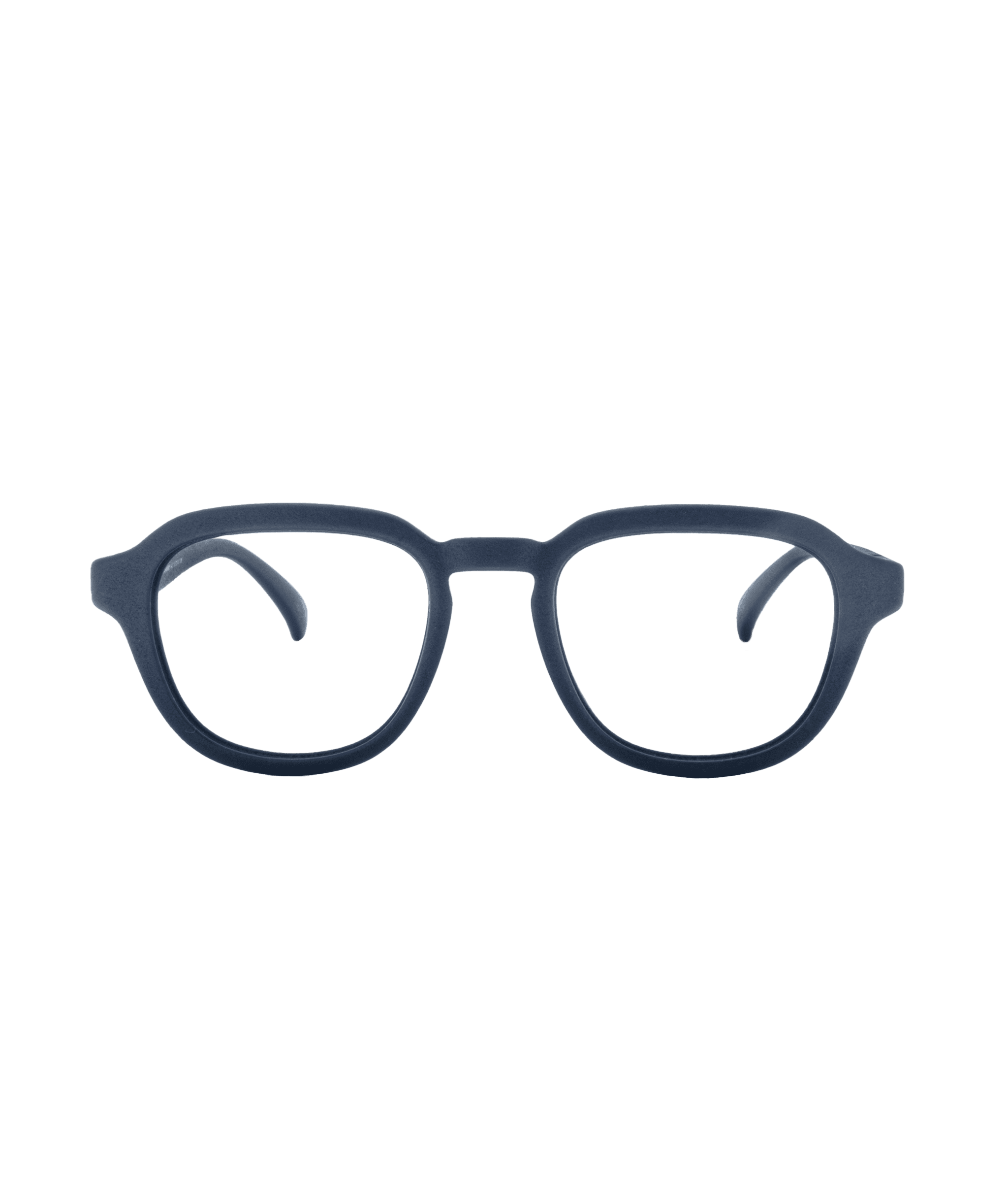 A pair of matte dark blue eyeglasses with rounded rectangular frames, shown from the front against a plain white background. From La lunetterie VU à Montréal, these glasses blend classic style with modern Montreal flair.