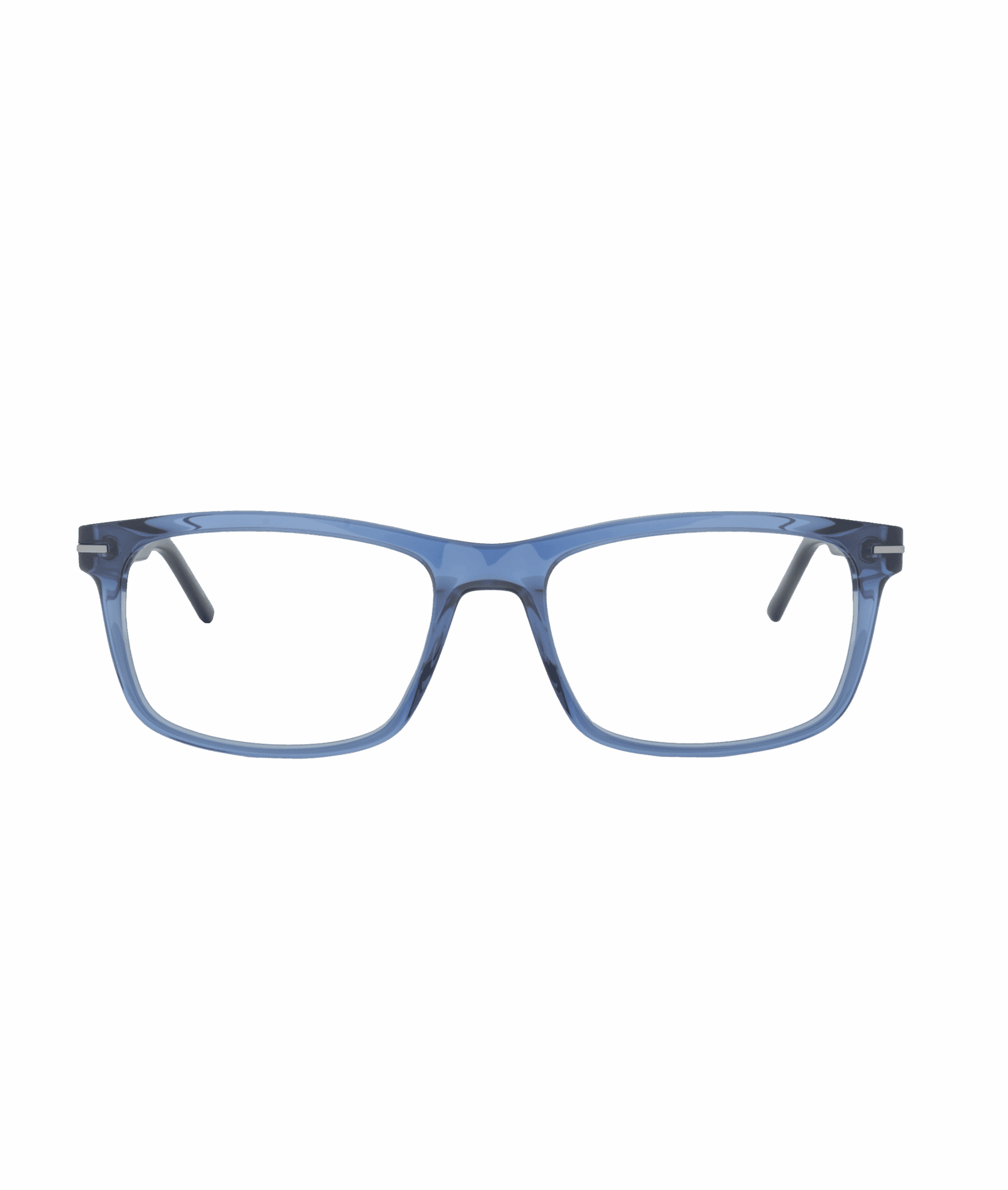 Rectangular blue eyeglass frames with clear lenses, shown from the front against a plain white background. Discover contemporary style from La lunetterie VU à Montréal.