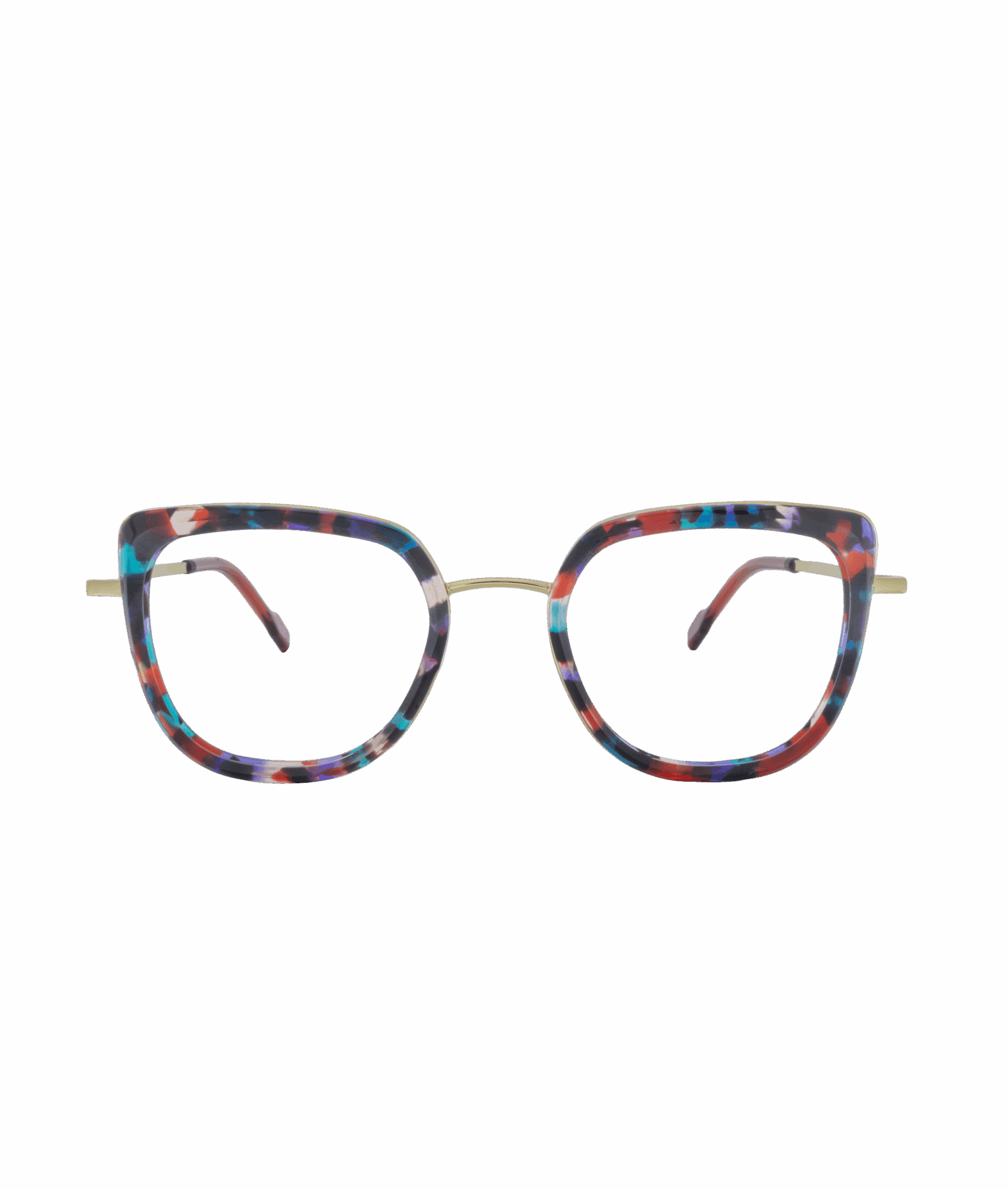 Cat-eye eyeglasses with multicolored, speckled plastic frames and thin gold metal temples, as featured by La lunetterie VU à Montréal, displayed on a white background.