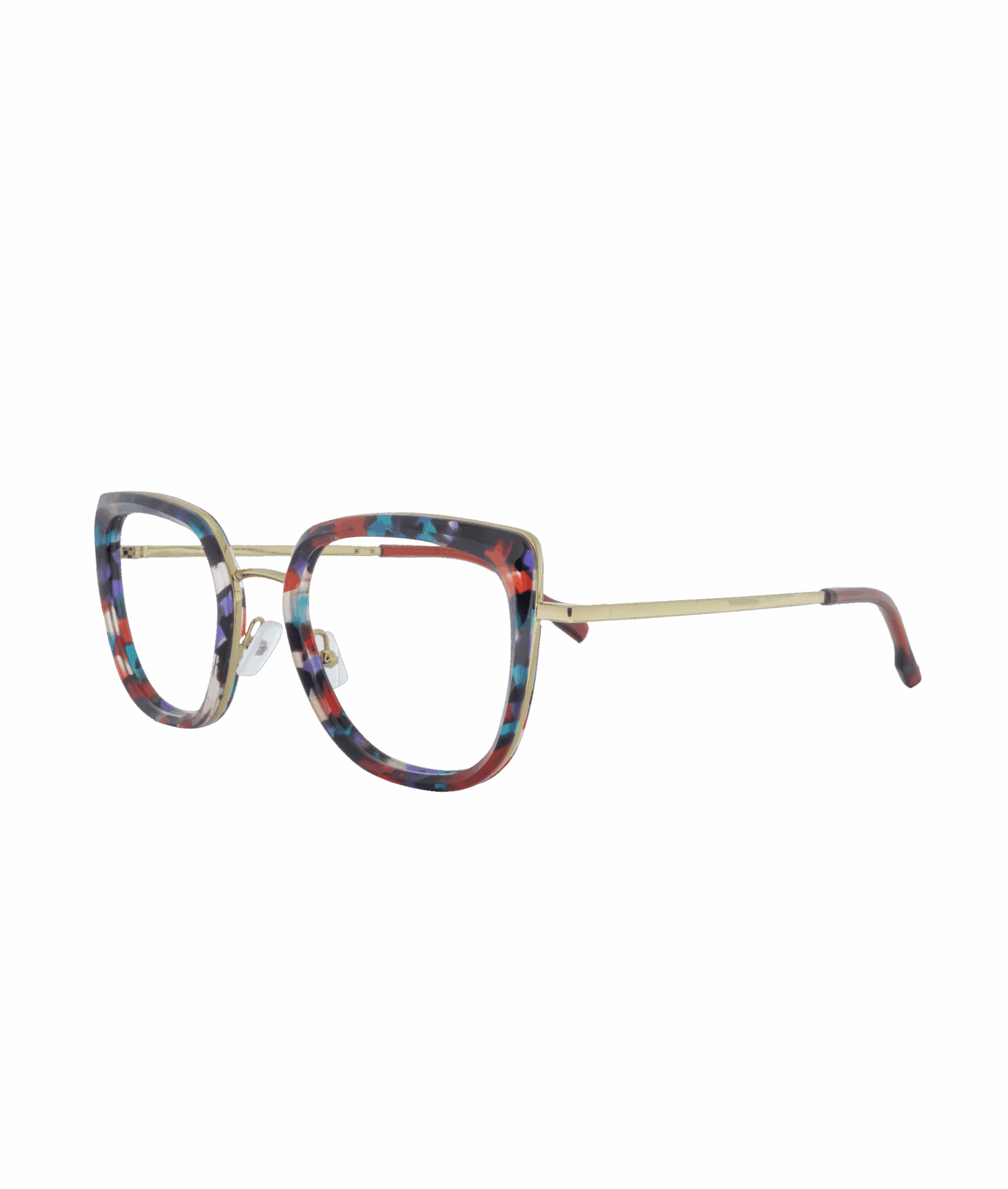 Bold geometry, vibrant palette. This square frame with cat-eye accents reinvents the classics through a multicolored combination full of personality. The refined gold metal adds structure and a touch of light, while the interplay of colors gives it an artistic, almost jewelry-like character. A design that turns heads effortlessly.