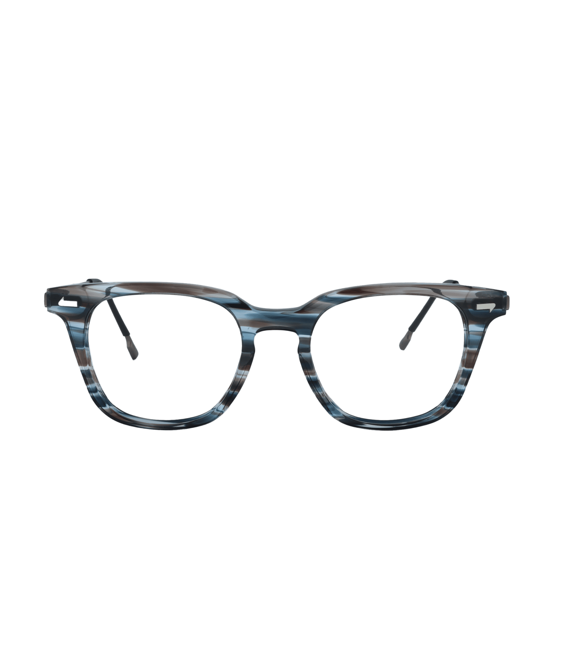 Blue and black striped eyeglasses with round lenses and thick frames, viewed from the front against a plain white background.