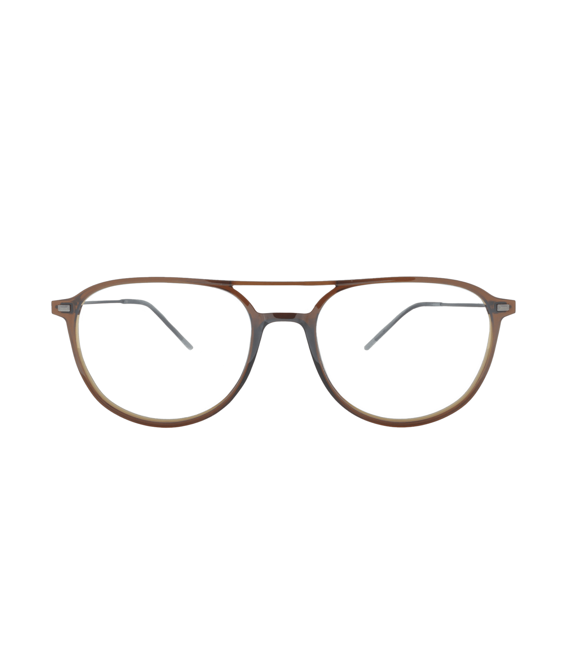 A pair of brown, round eyeglasses with a double bridge and thin metal arms, displayed on a plain white background.