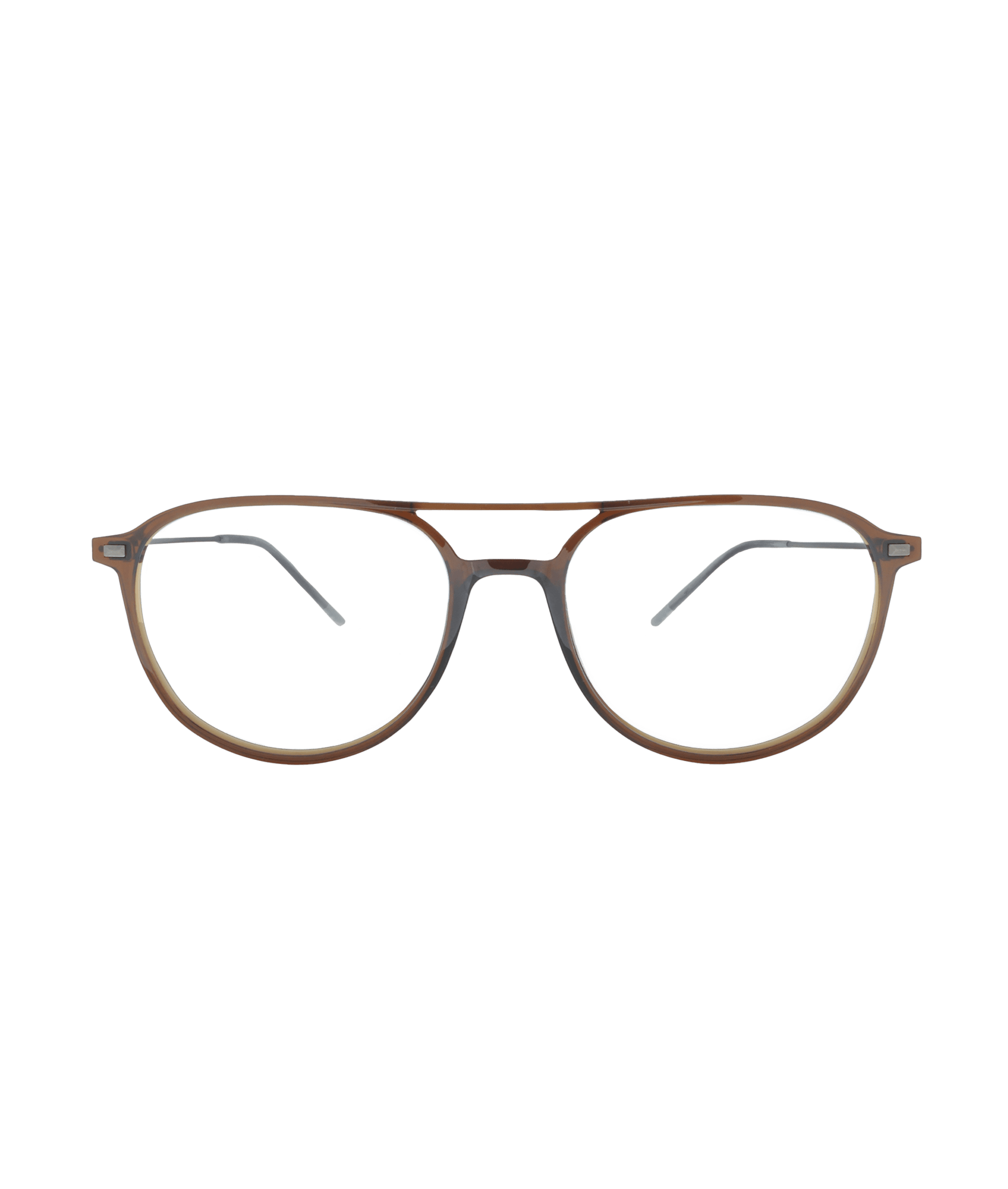 A pair of brown, round eyeglasses with a double bridge and thin metal arms, displayed on a plain white background.