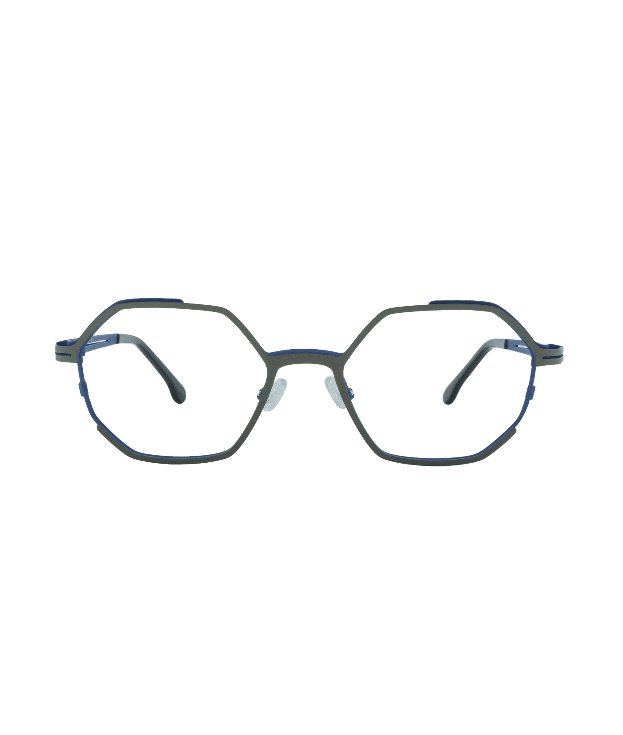 A pair of eyeglasses with geometric, hexagonal frames in a dark color and thin metal arms, photographed on a plain white background.