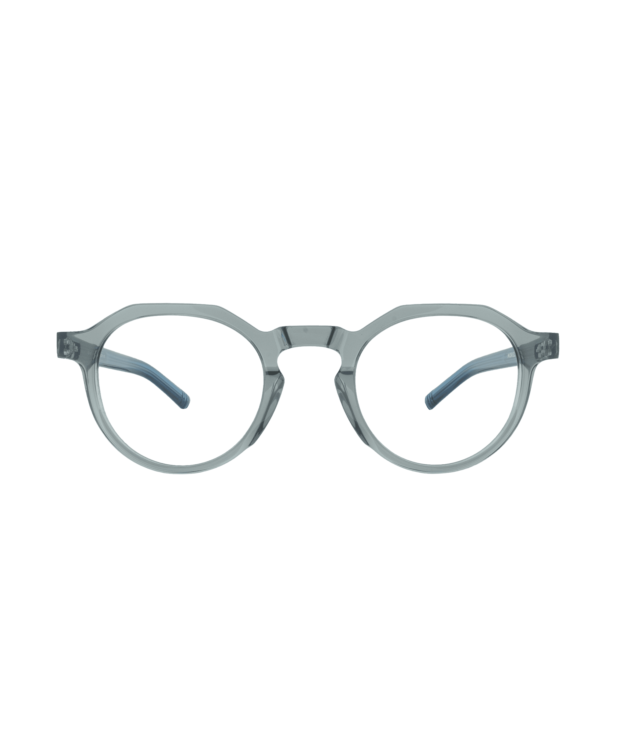 Translucent gray round eyeglasses with a keyhole bridge and blue-tipped temple arms, displayed on a white background.