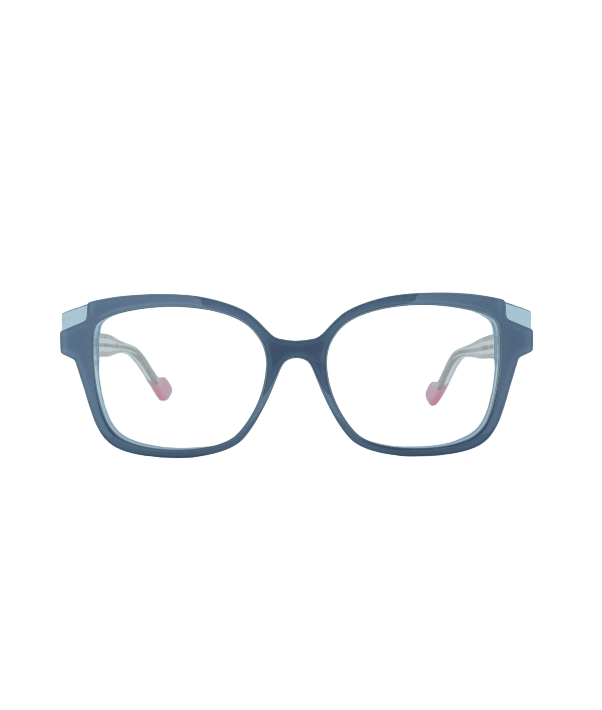 Blue rectangular eyeglasses with clear lenses, viewed from the front against a white background. The temples have silver metal arms with pink tips.