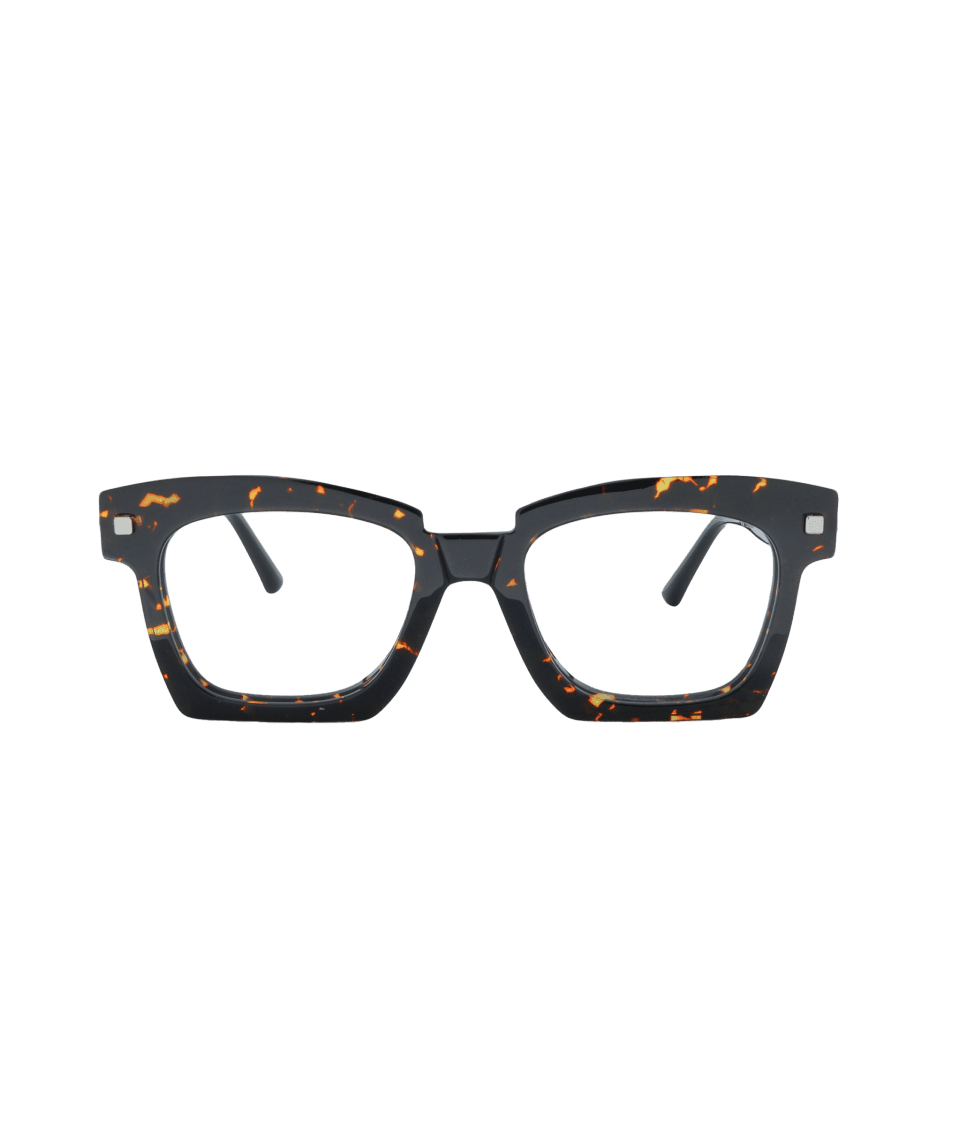 Tortoiseshell rectangular eyeglasses with thick, dark brown and amber marbled frames, featuring slight cat-eye corners and silver stud accents on the upper outer edges.