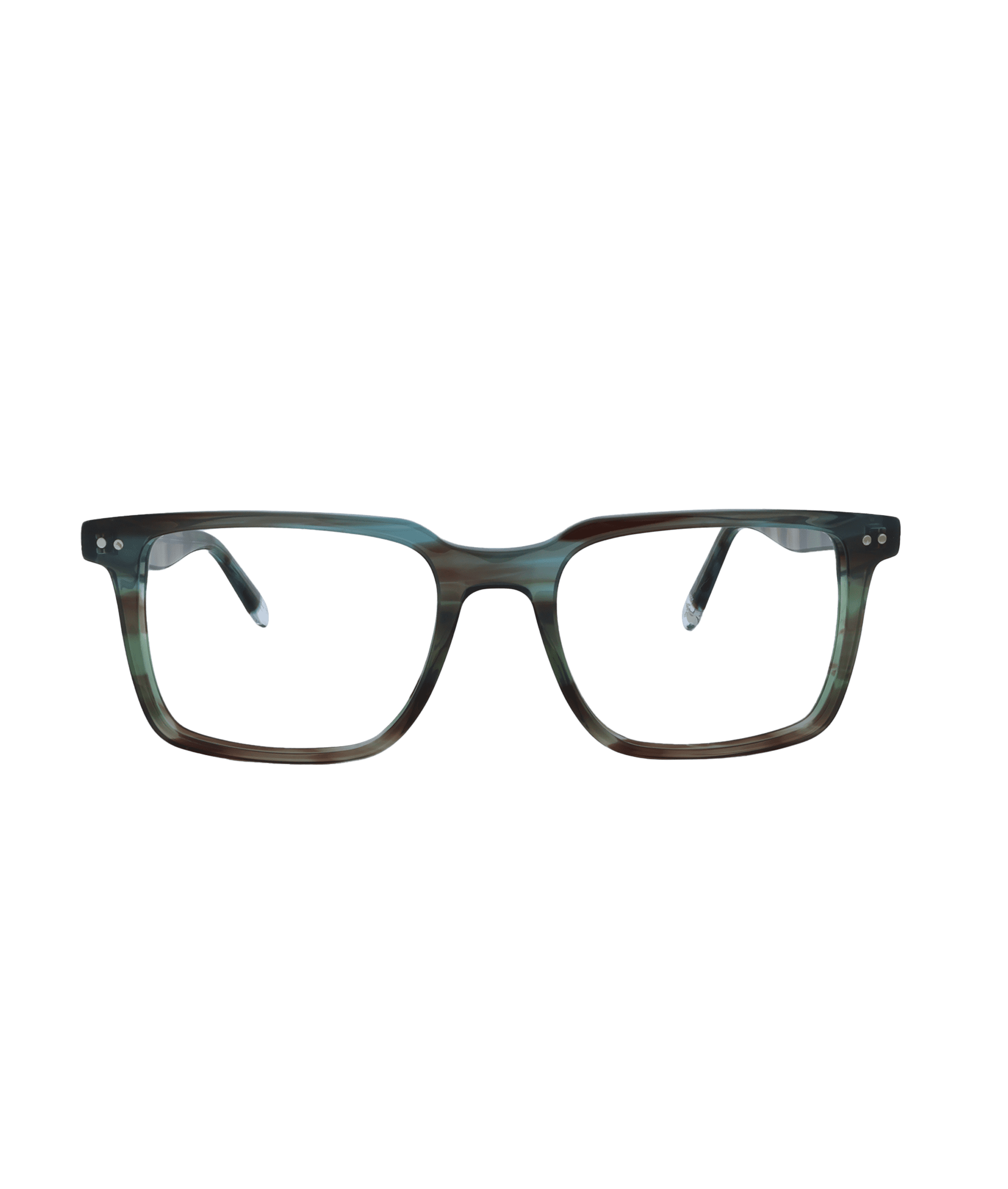 Rectangular eyeglasses with a dark, mottled green and brown acetate frame, silver rivets on the corners, and clear lenses, shown against a plain white background.