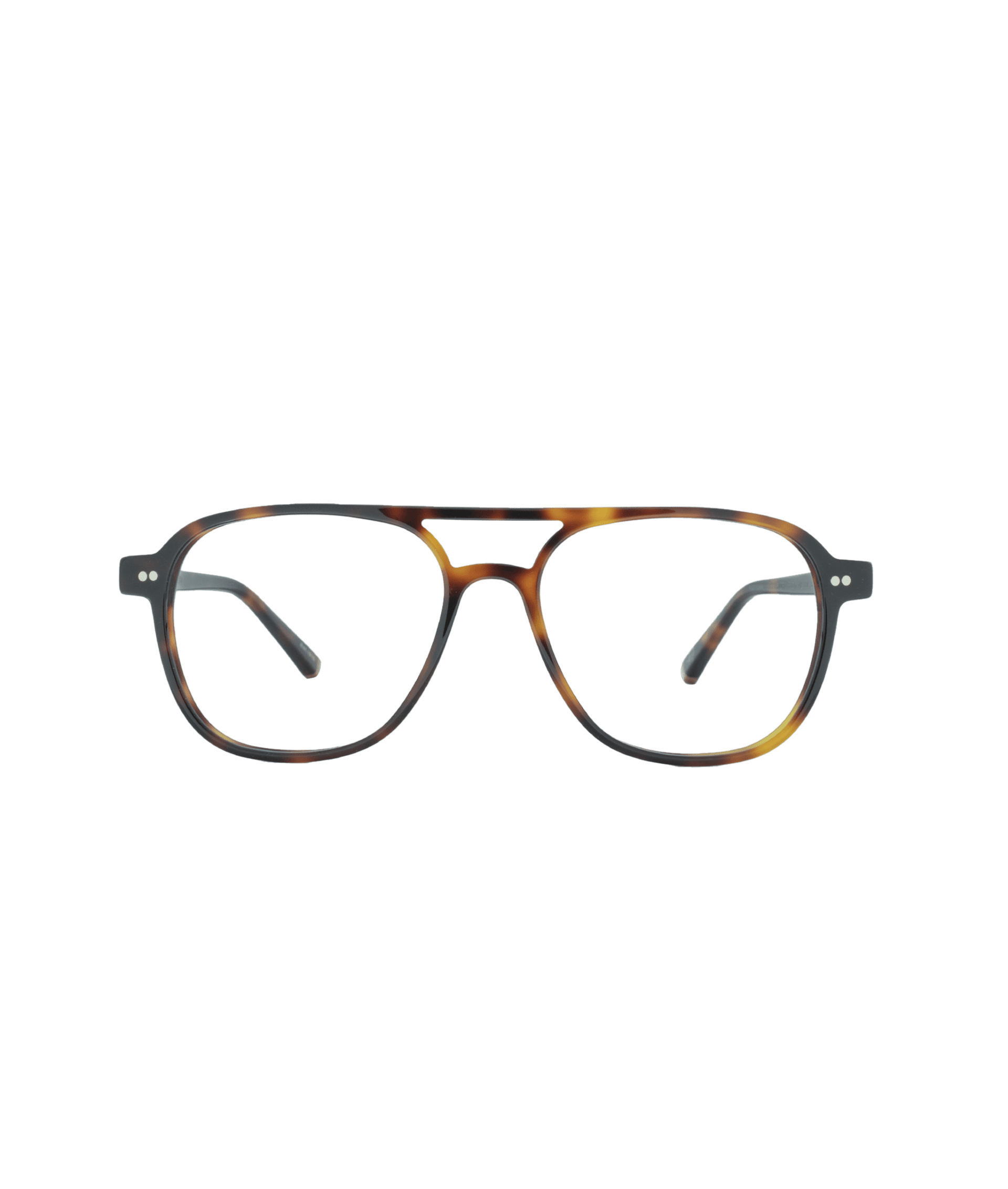 A pair of tortoiseshell aviator-style eyeglasses with thin frames and double rivet details on the temples, set against a plain white background.