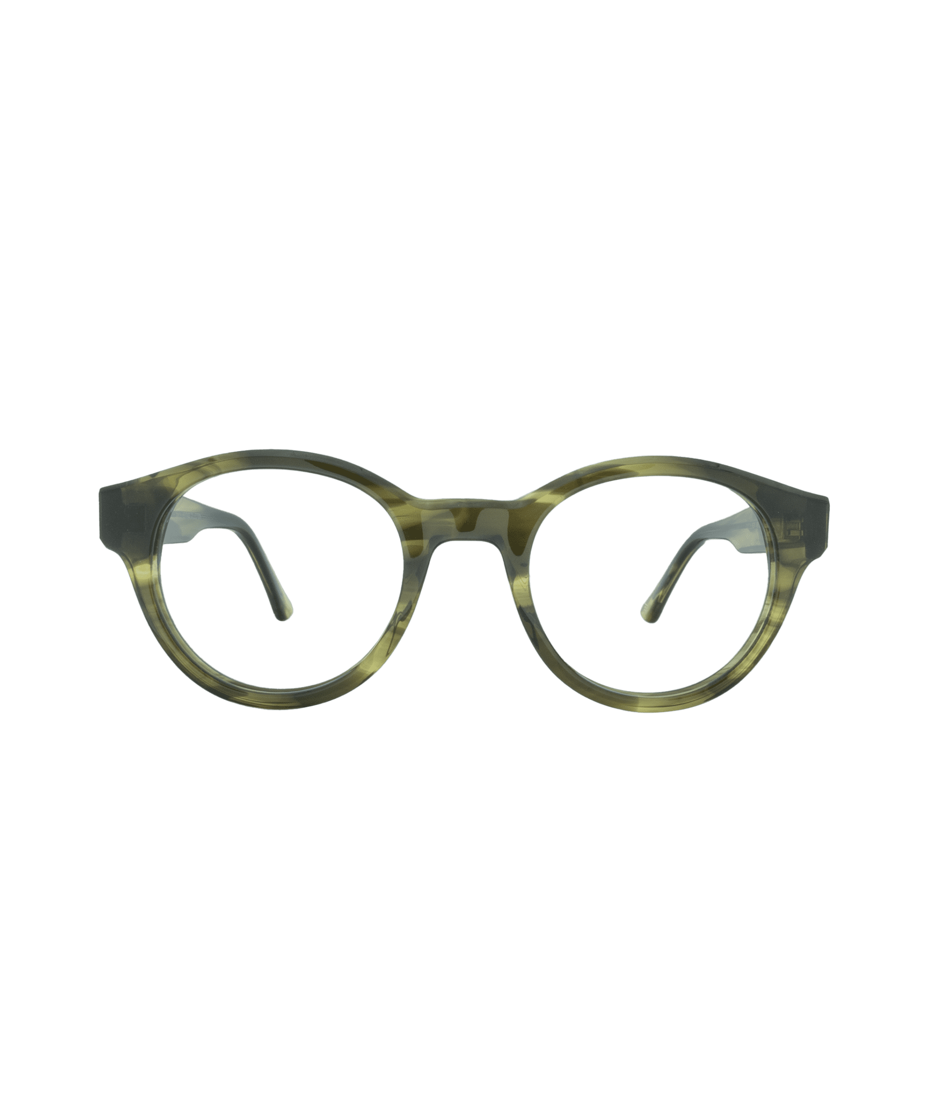 Round eyeglasses with olive green and translucent tortoiseshell frames, displayed on a plain white background, facing forward.