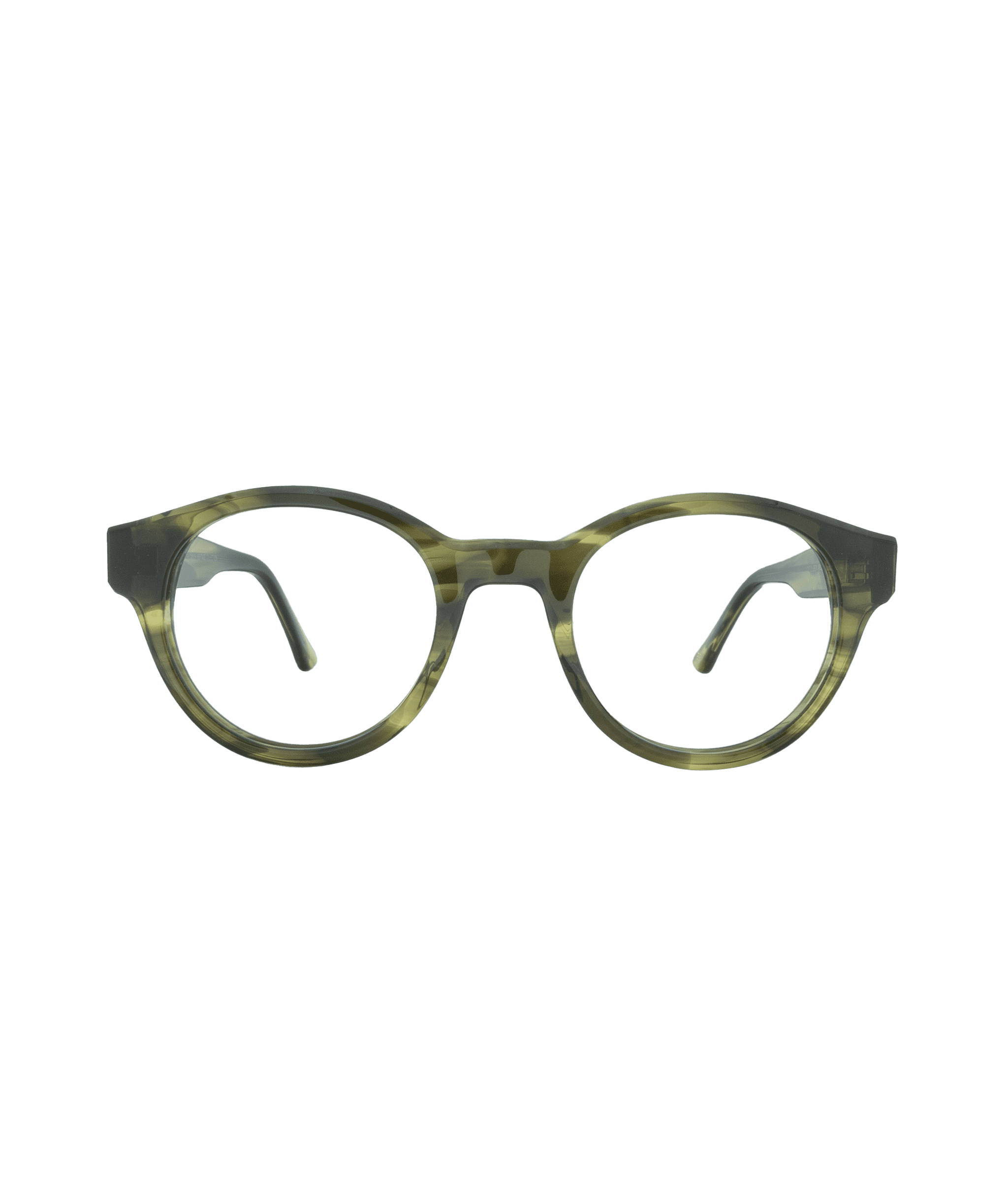 Round eyeglasses with olive green and translucent tortoiseshell frames, displayed on a plain white background, facing forward.