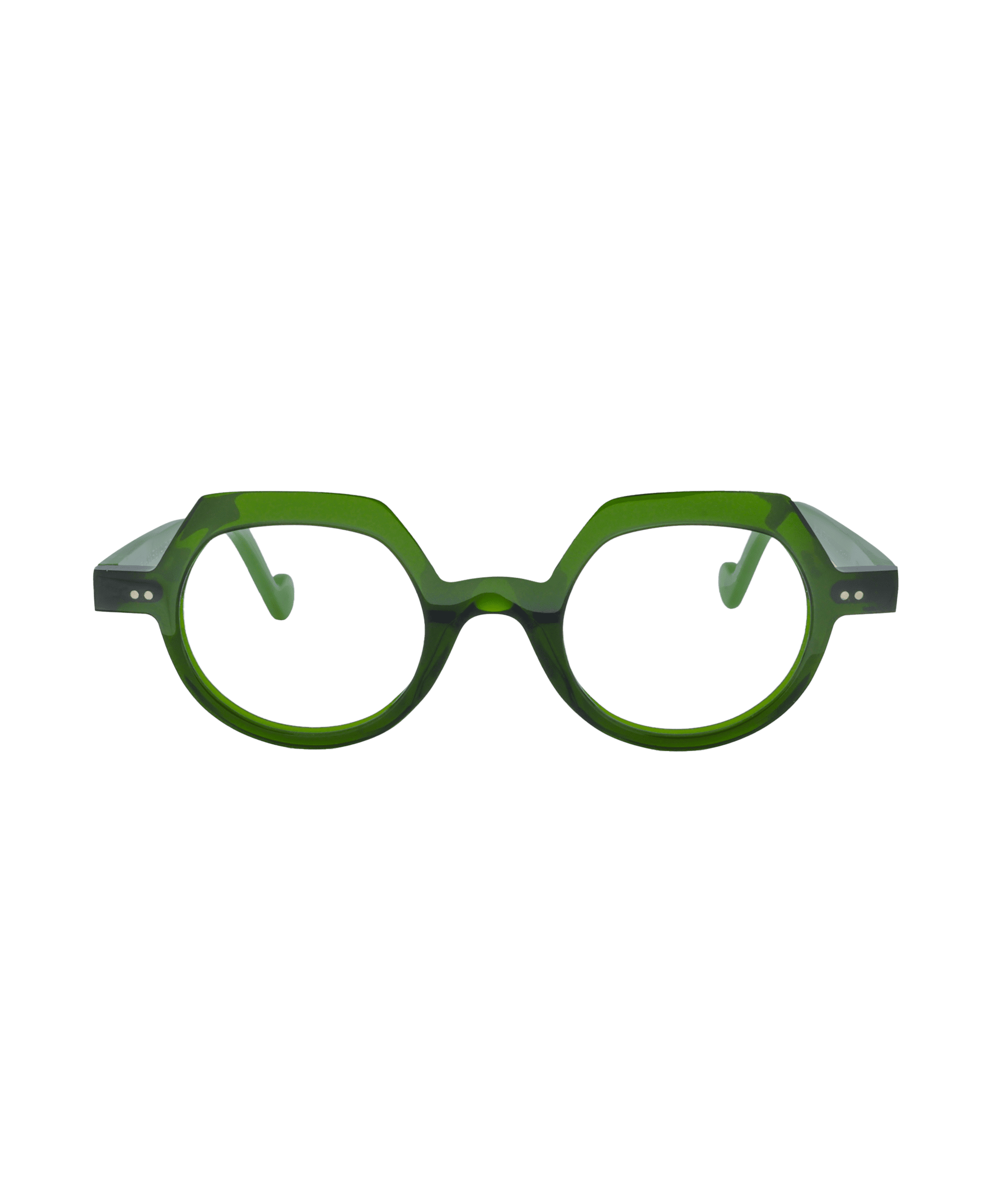 A pair of green, round eyeglasses with thick frames and slightly angled edges, displayed against a plain white background.