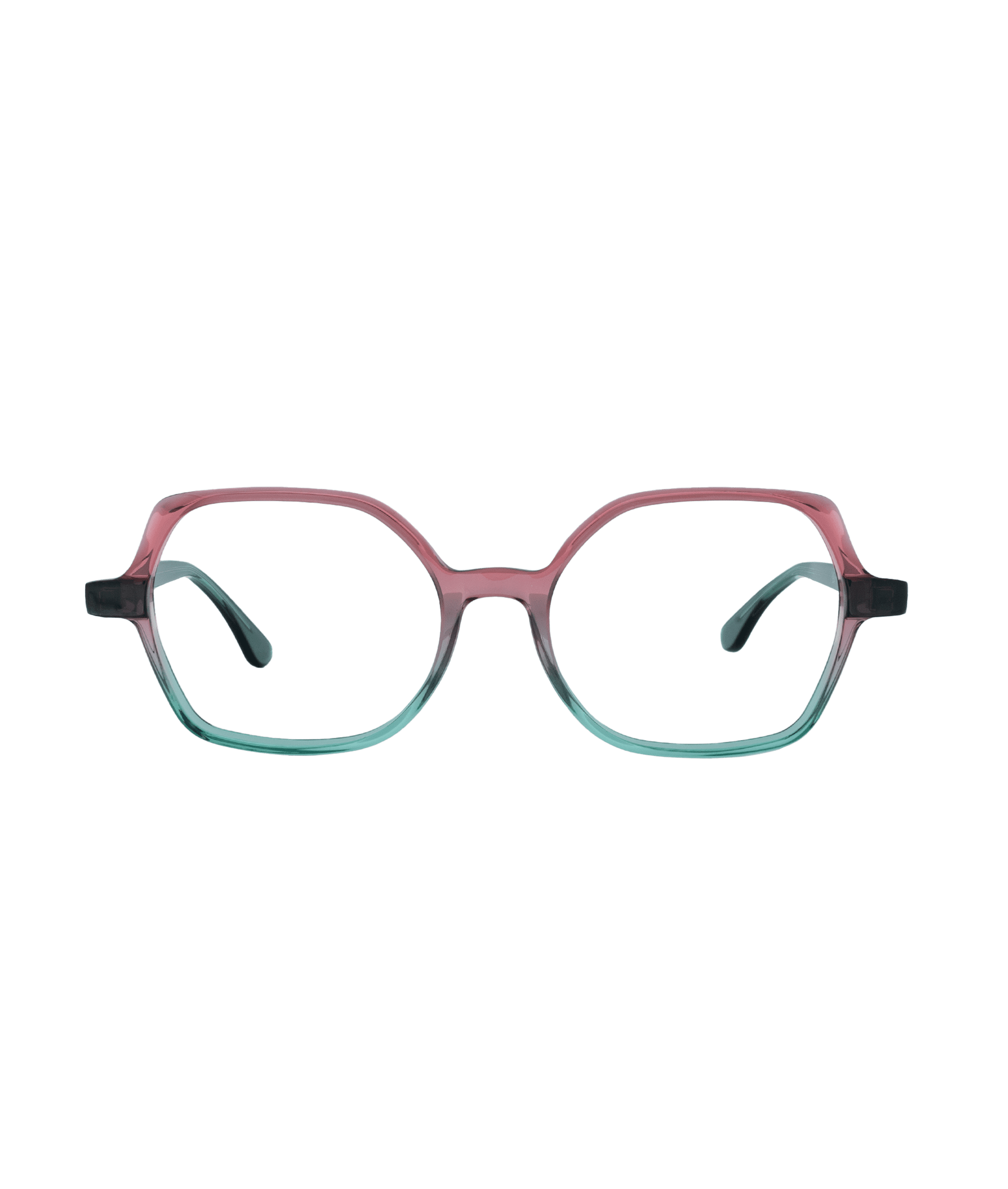 A pair of eyeglasses with geometric frames, featuring a gradient color from pink at the top to teal at the bottom, displayed on a white background.