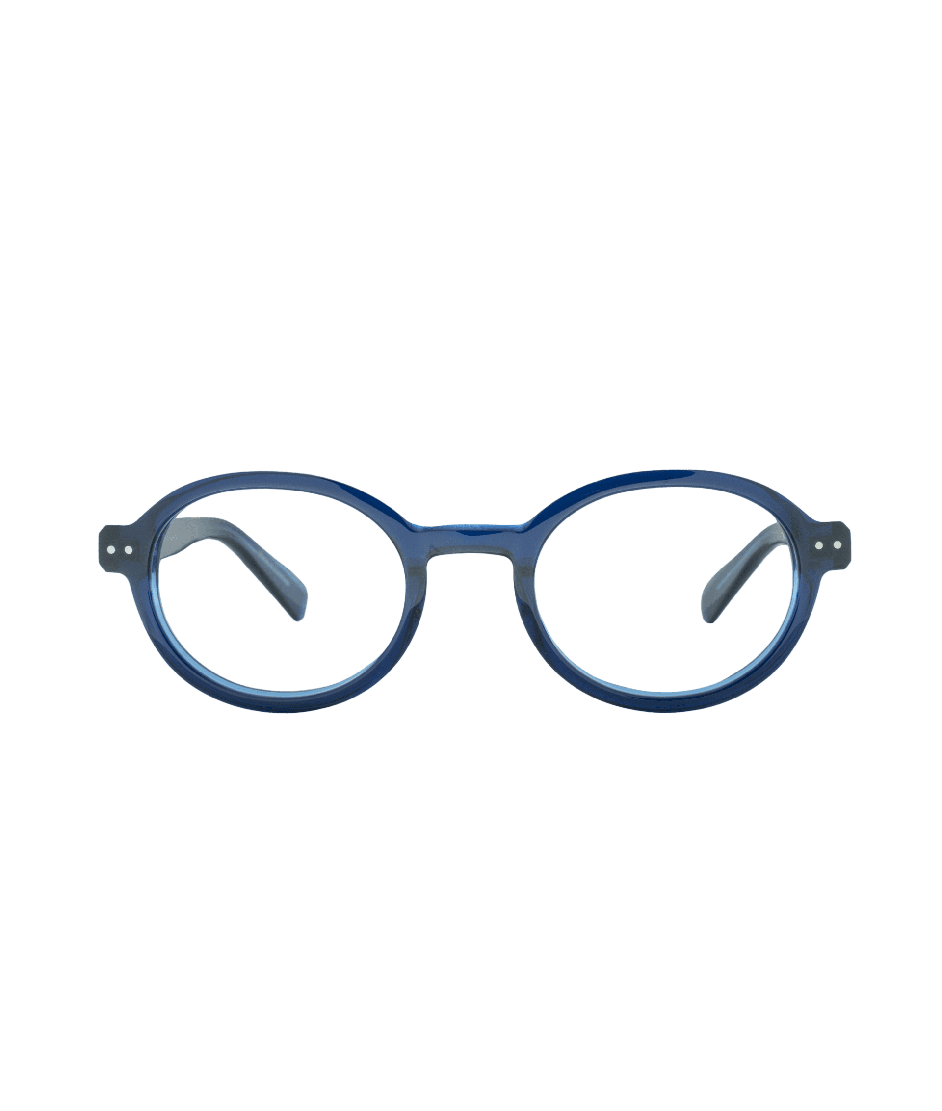 Blue round eyeglasses with thick plastic frames, viewed from the front against a plain white background. The temples are slightly curved inward.