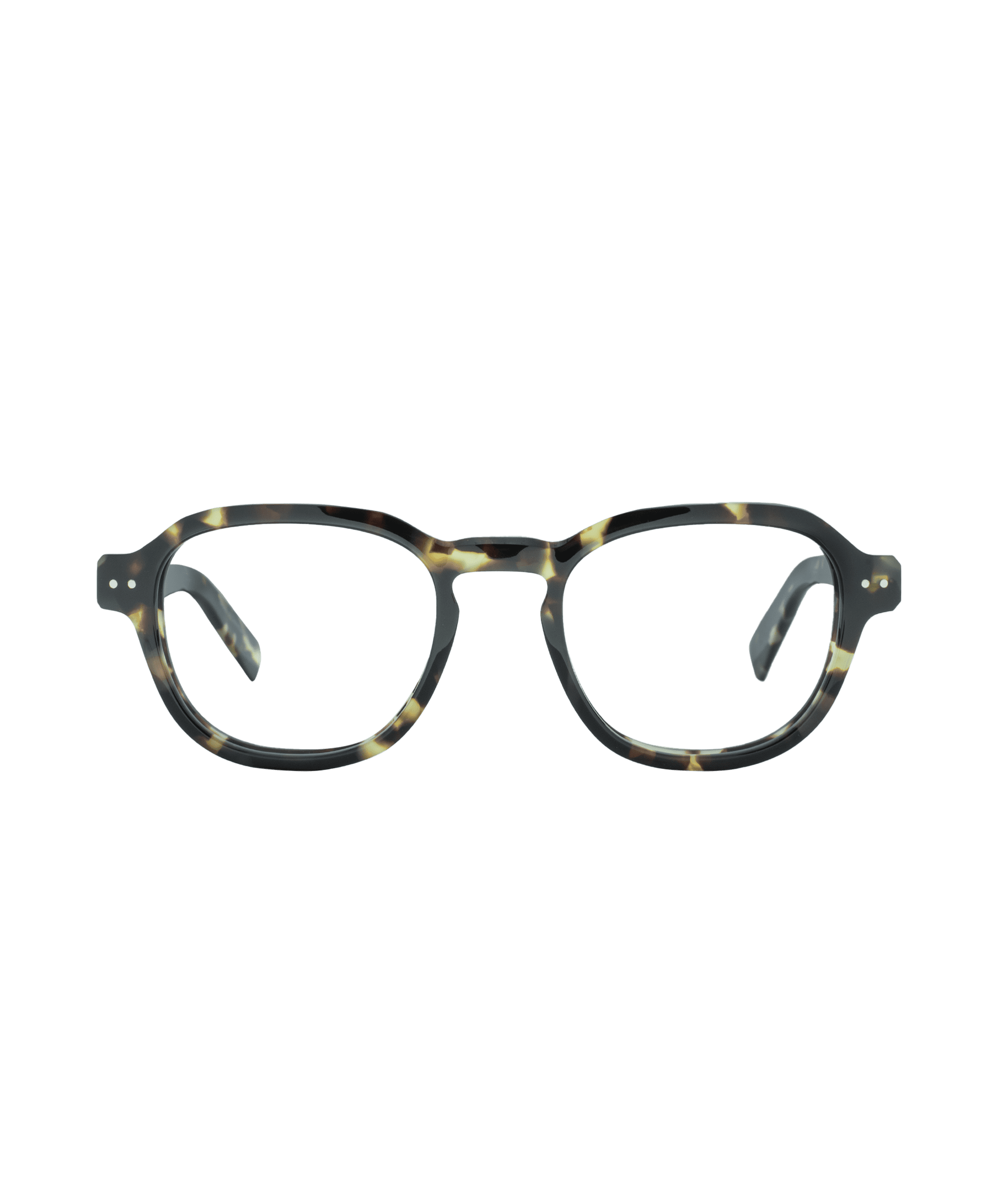 A pair of eyeglasses with round lenses and a tortoiseshell pattern frame, set against a plain white background.