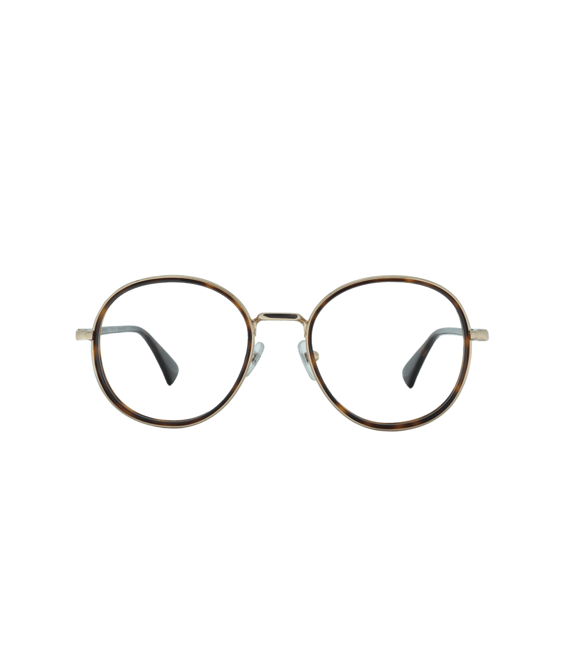 A pair of round eyeglasses with thin, brown frames and black temple tips, displayed against a plain white background.