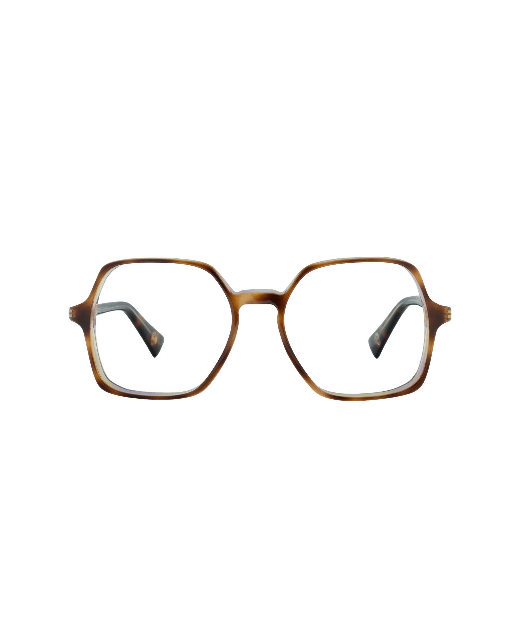 A pair of eyeglasses with geometric, hexagonal-shaped brown tortoiseshell frames and thin arms, shown on a plain white background.
